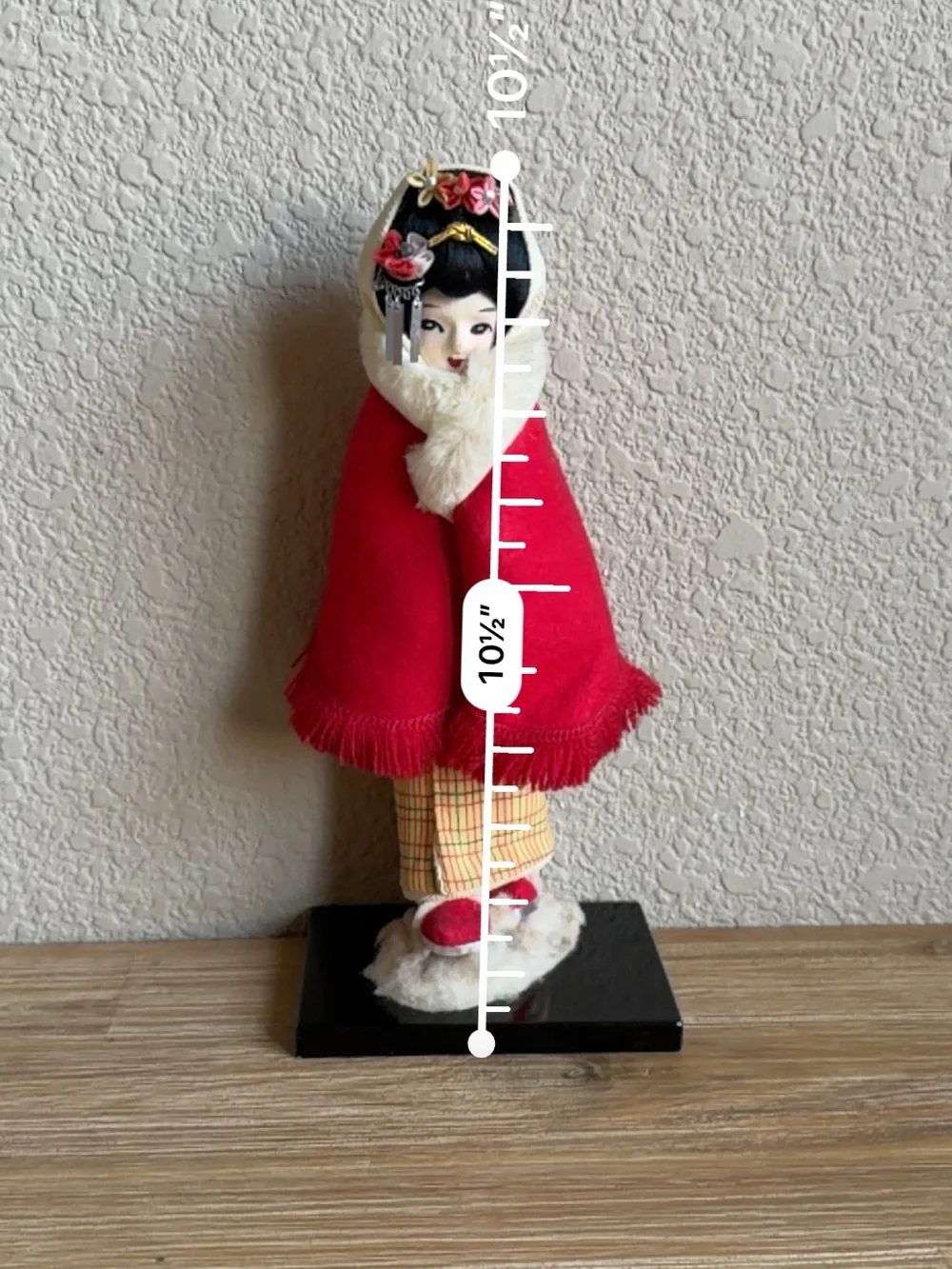 Vintage Japanese Geisha Doll Winter Kimono Cape Detailed Face Figurine Stand